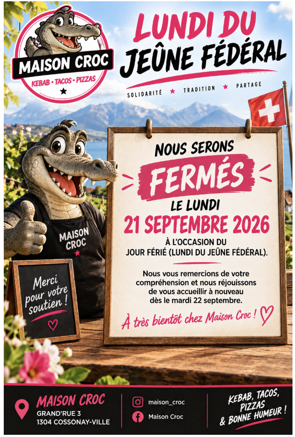 Maison Croc sera fermé lundi 21 septembre 2026 pour le Jeûne fédéral et rouvrira mardi 22 septembre